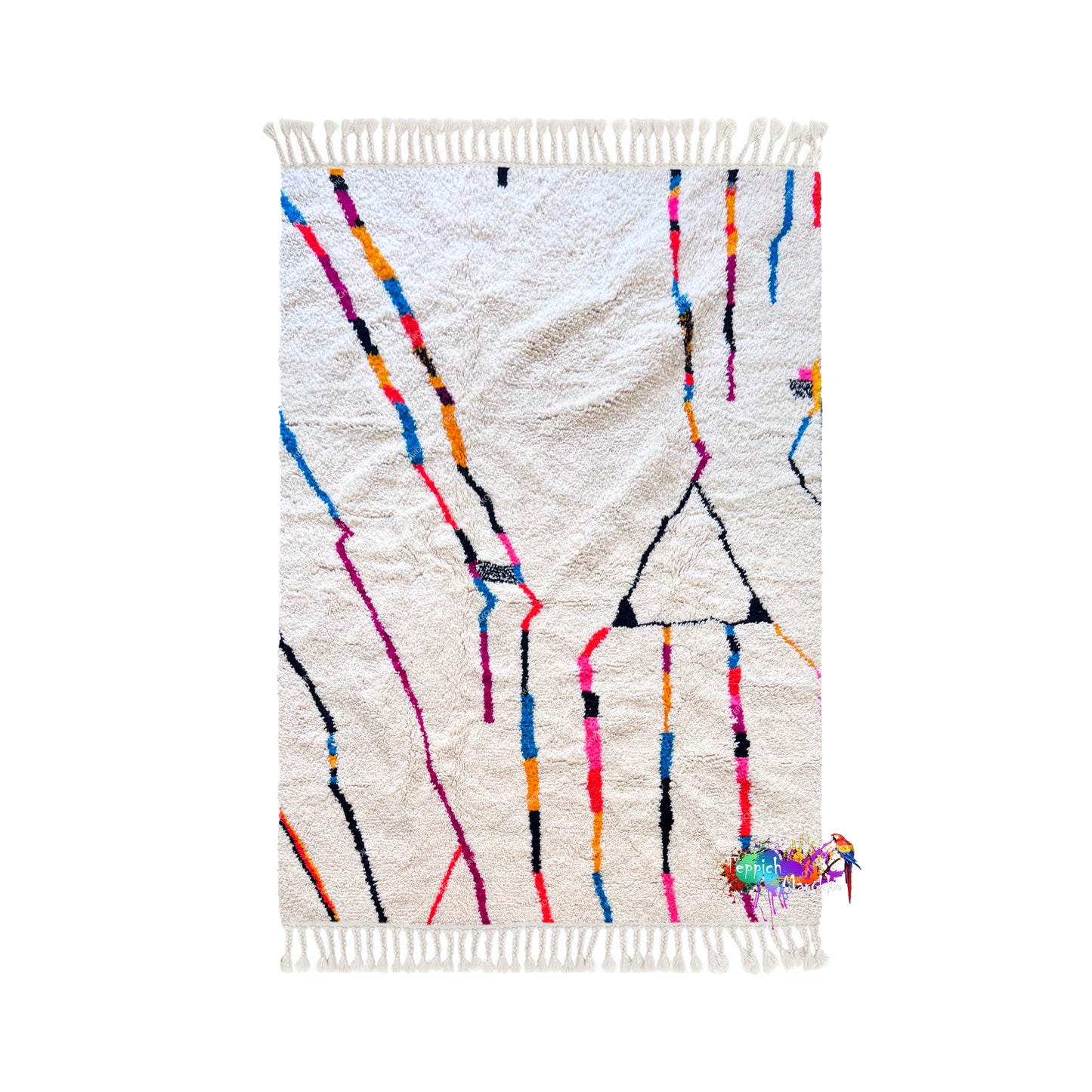 a vibrant, abstract rug with a geometric pattern of colorful lines and shapes.