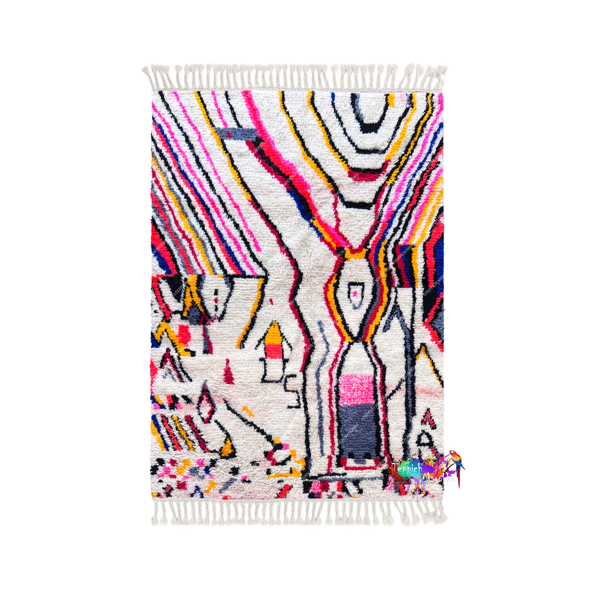 a vibrant, colorful rug with abstract patterns and designs.