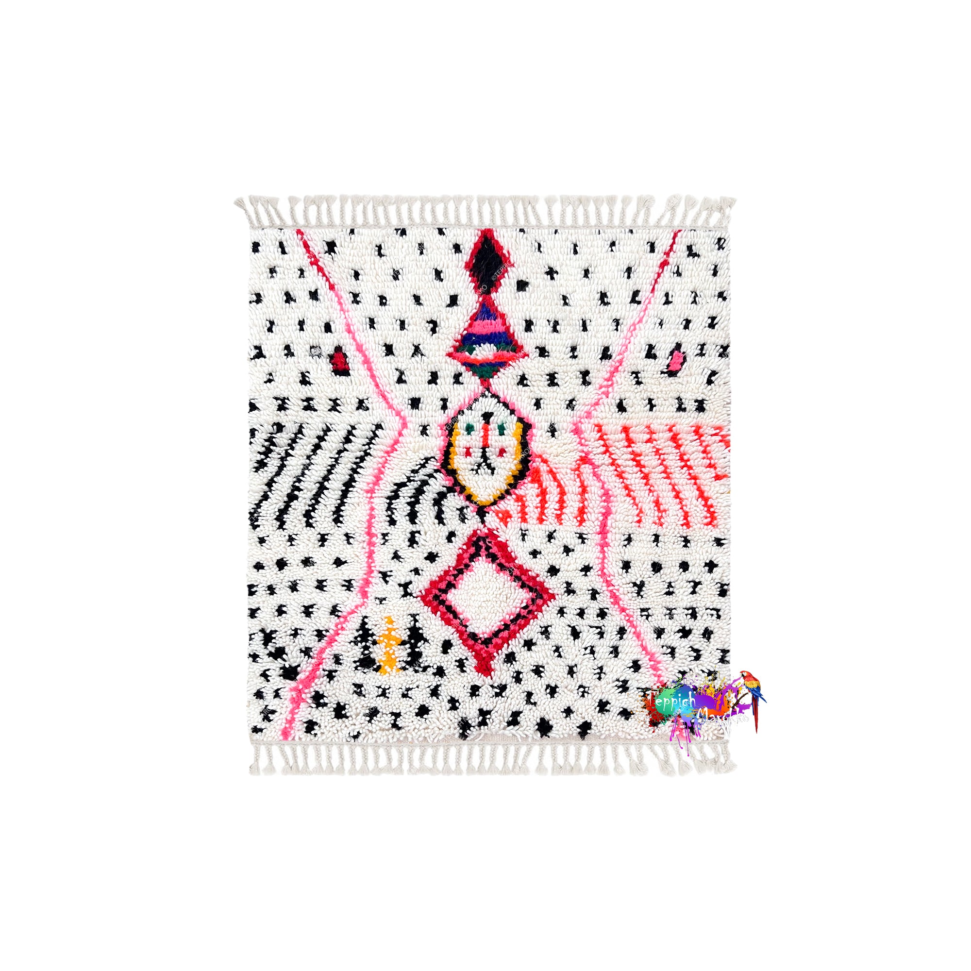 a vibrant, colorful rug with a geometric pattern of black and white dots, as well as a few geometric shapes and a small, multicolored object.