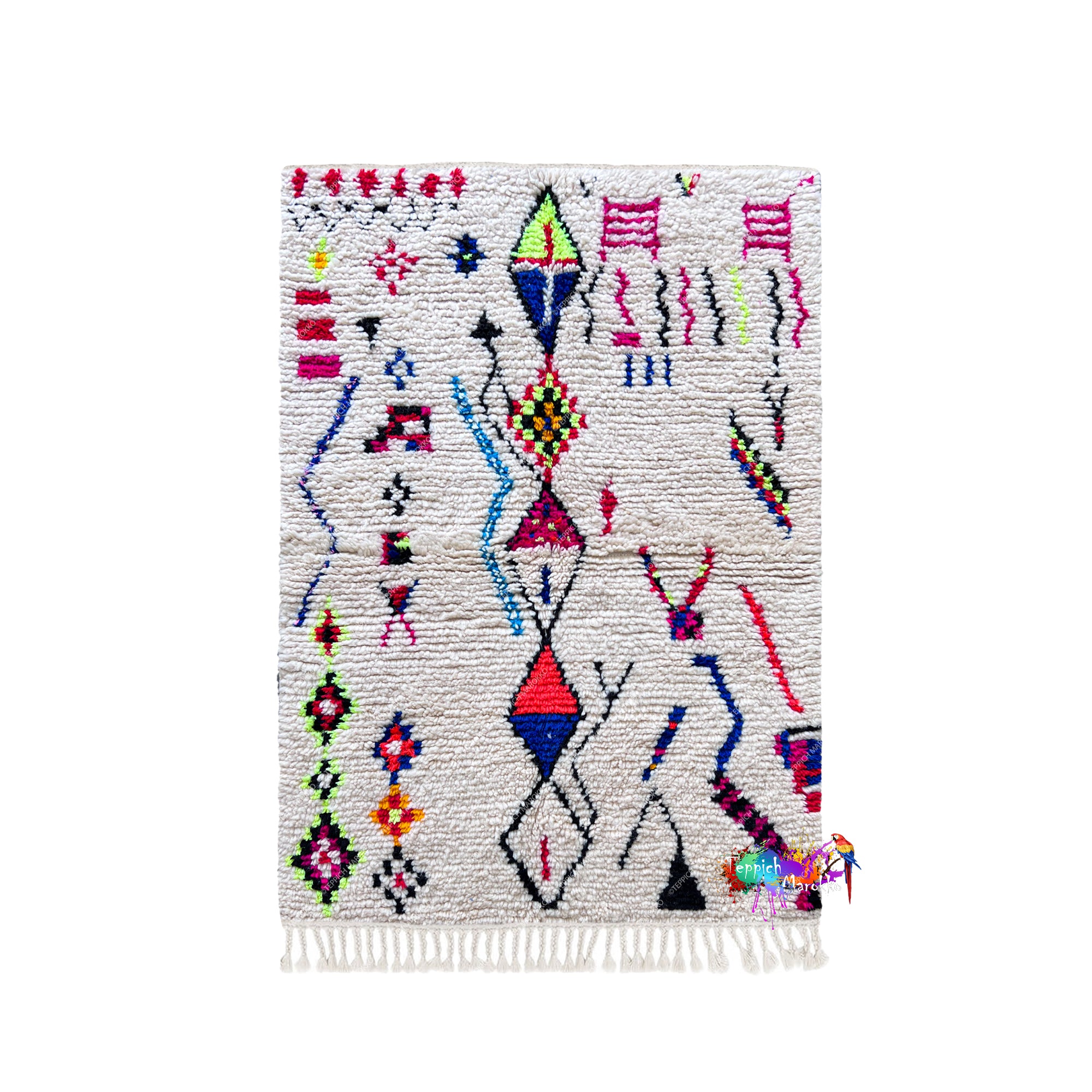 a vibrant, colorful rug with a variety of geometric patterns and designs.