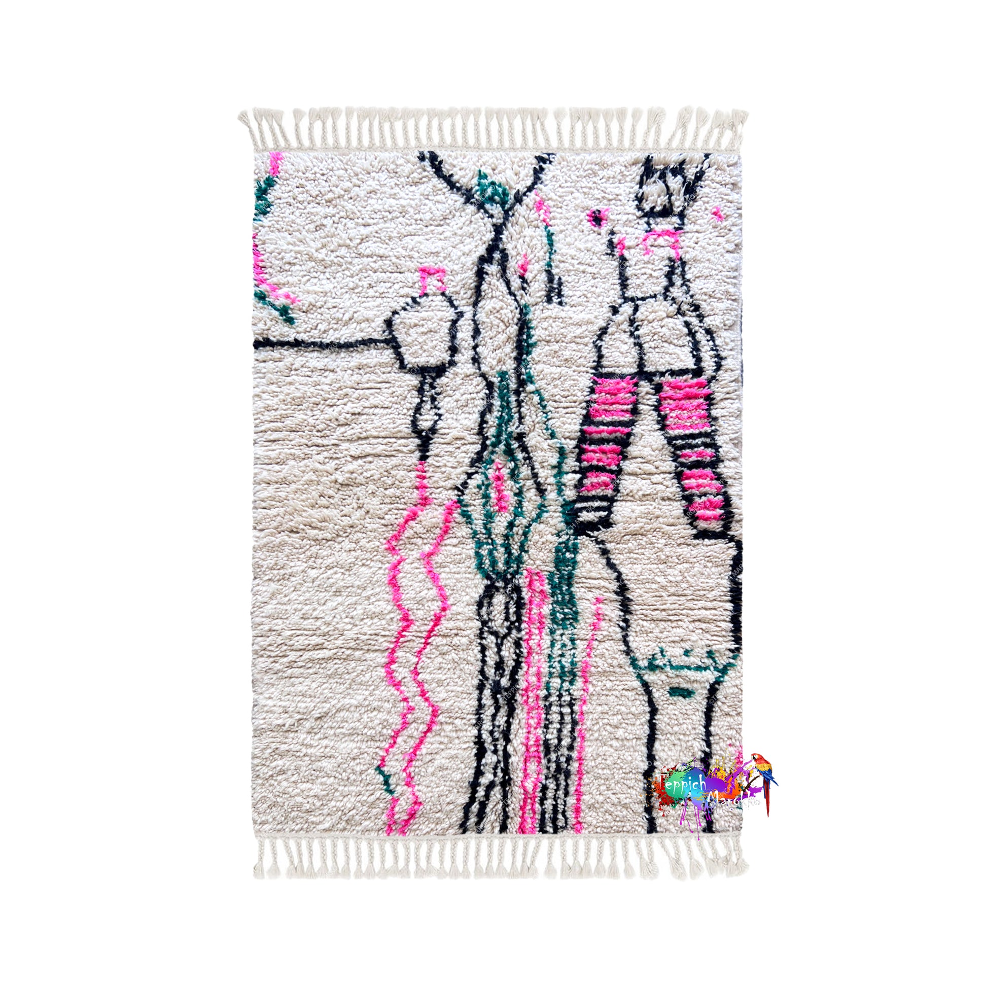 a colorful, hand-woven rug with a unique abstract design.