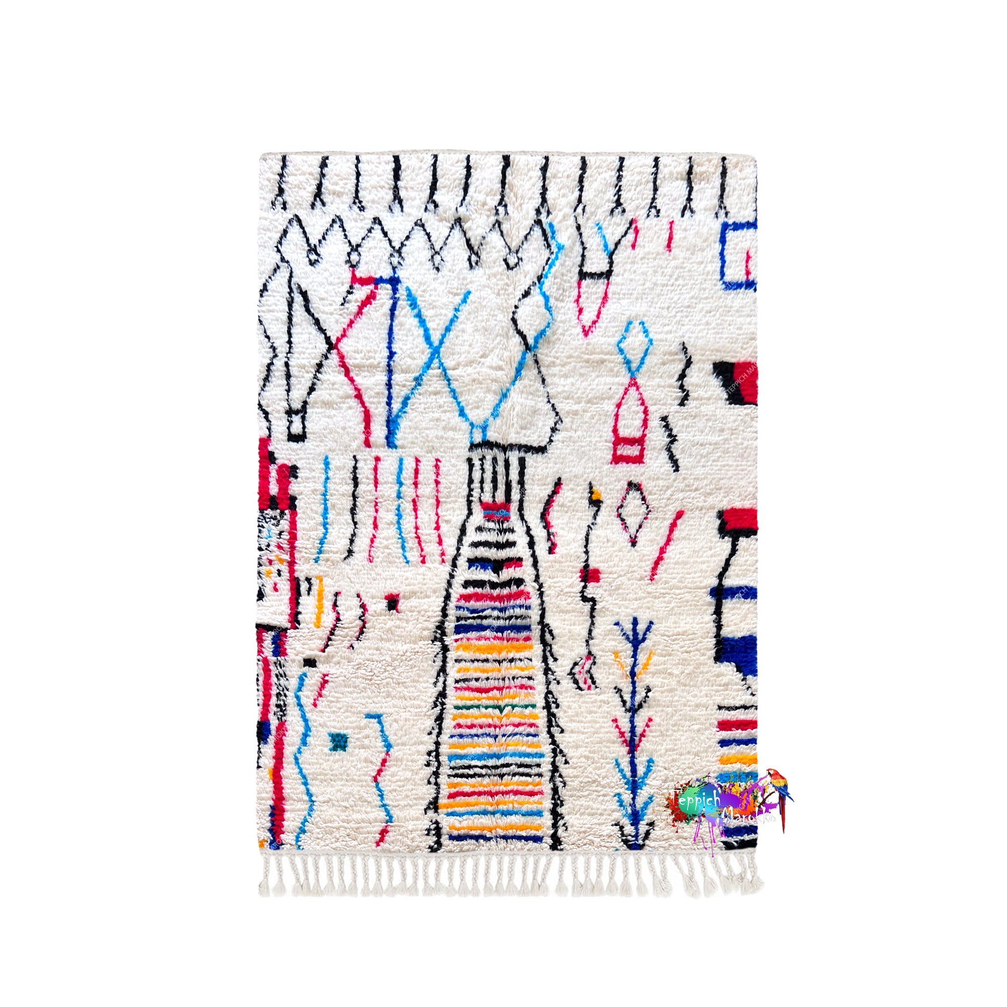 a vibrant, colorful rug with intricate patterns and designs.