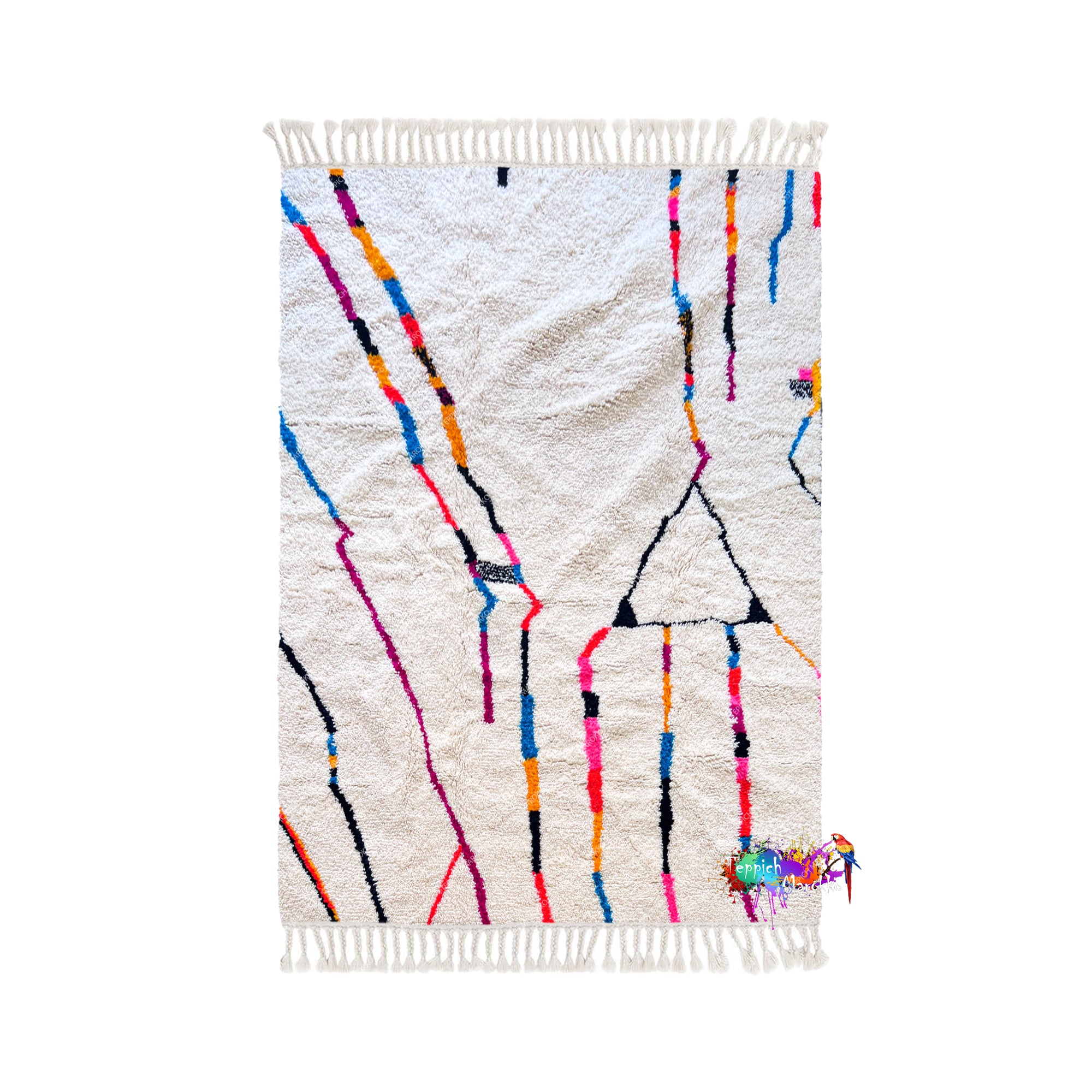 a vibrant, abstract rug with a geometric pattern of colorful lines and shapes.